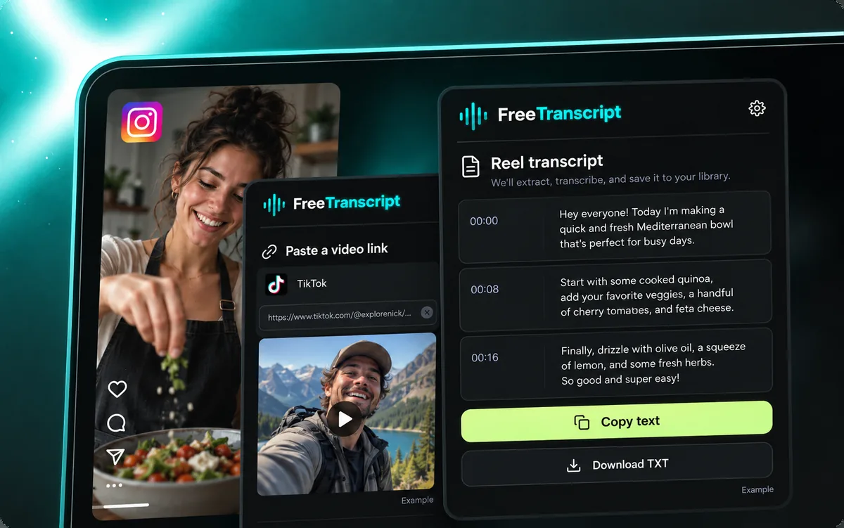 Illustration of a video link, source preview, and transcript copy and download controls.