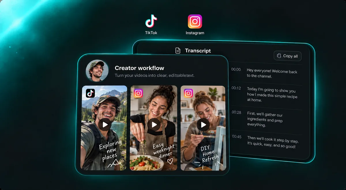 Illustration of creators using their travel, cooking, and tutorial transcripts to plan content.