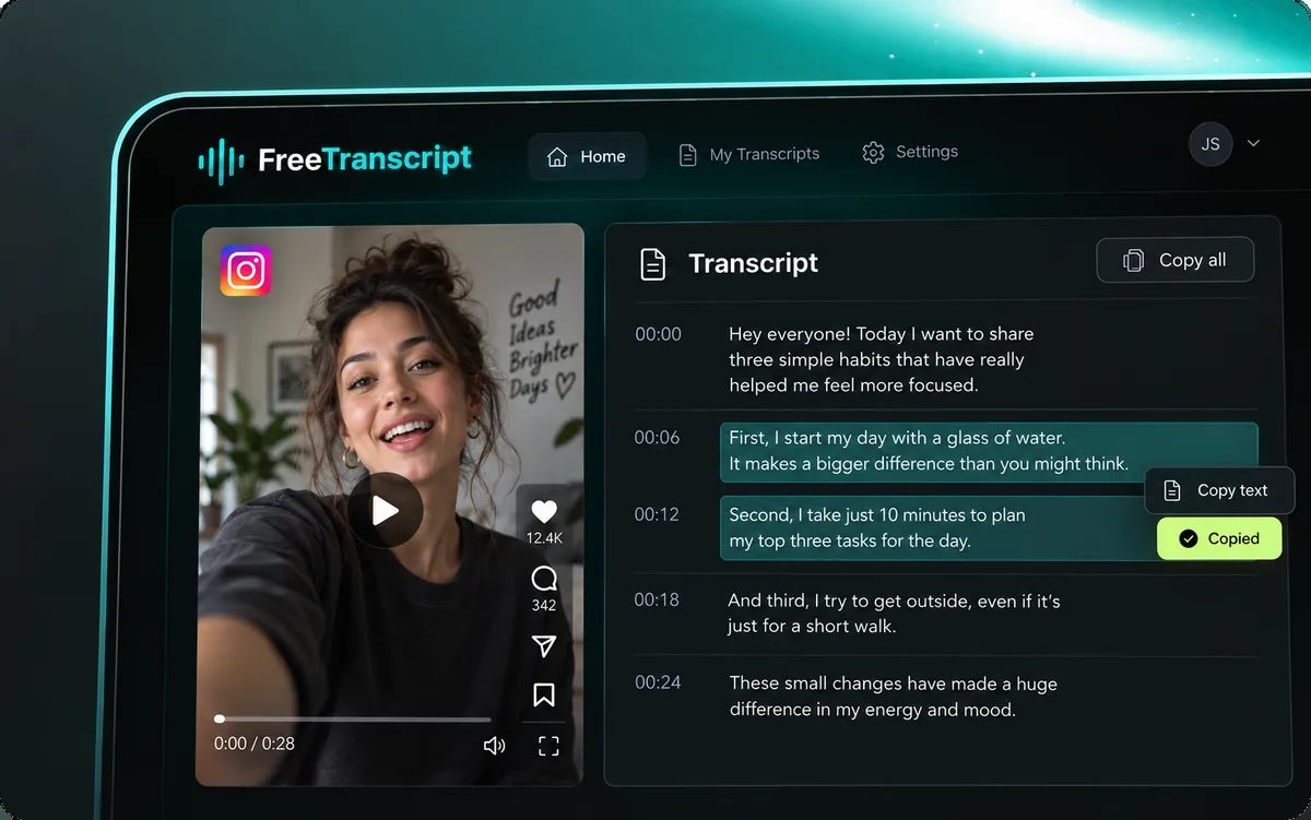 Illustration of copying selected transcript text next to a creator's video.