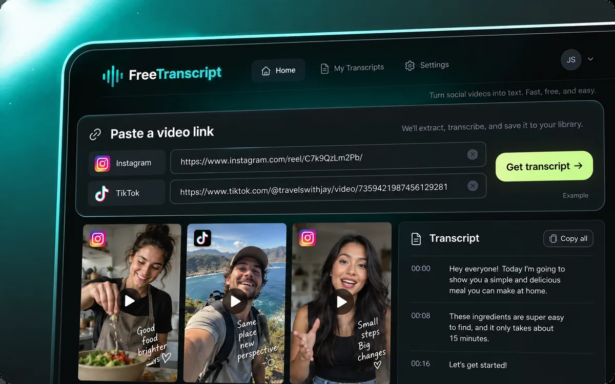 Illustrative social video previews beside a readable text transcript.