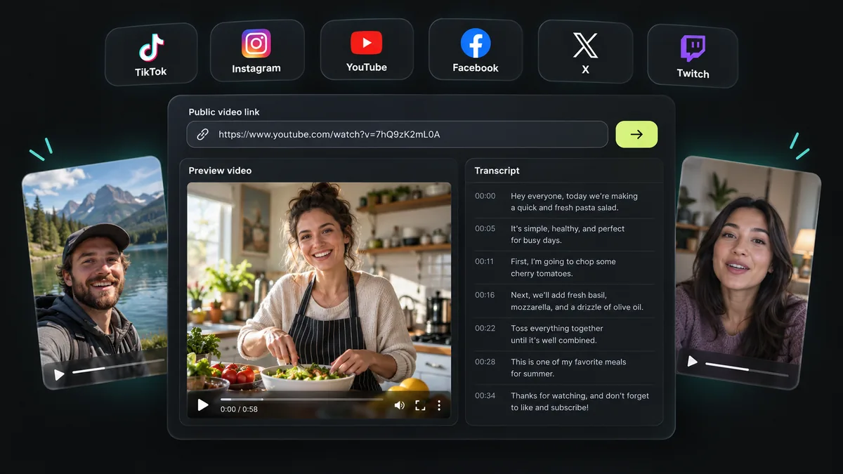 Illustrative supported social platforms, including YouTube, beside a video preview and text.